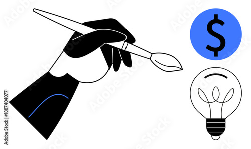 Artistic creation, innovation, financial success, creative business, inspiration, intellectual property. A hand holding a paintbrush with a lightbulb and dollar symbol. Artistic creation