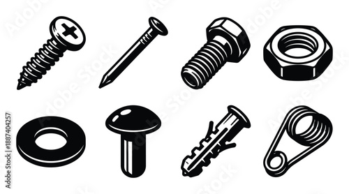 Set of fasteners vector illustration with screw, nail, bolt, nut, washer, rivet, dowel, and spring