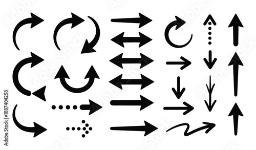 Set of hand drawn vector arrows. Black arrows direction, doodle pointers collection for creative projects