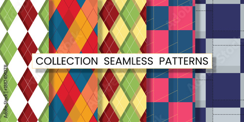 Collection seamless patterns argyle vector design with thin slim dotted line vivid geometric background for fabric, textile, clothing, wrapping paper, wallpaper, illustration, 