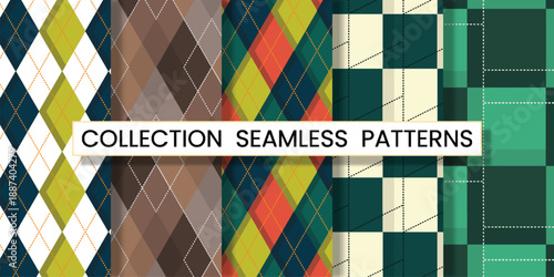 Collection seamless patterns argyle vector design with thin slim dotted line vivid geometric background for fabric, textile, clothing, wrapping paper, wallpaper, illustration, 