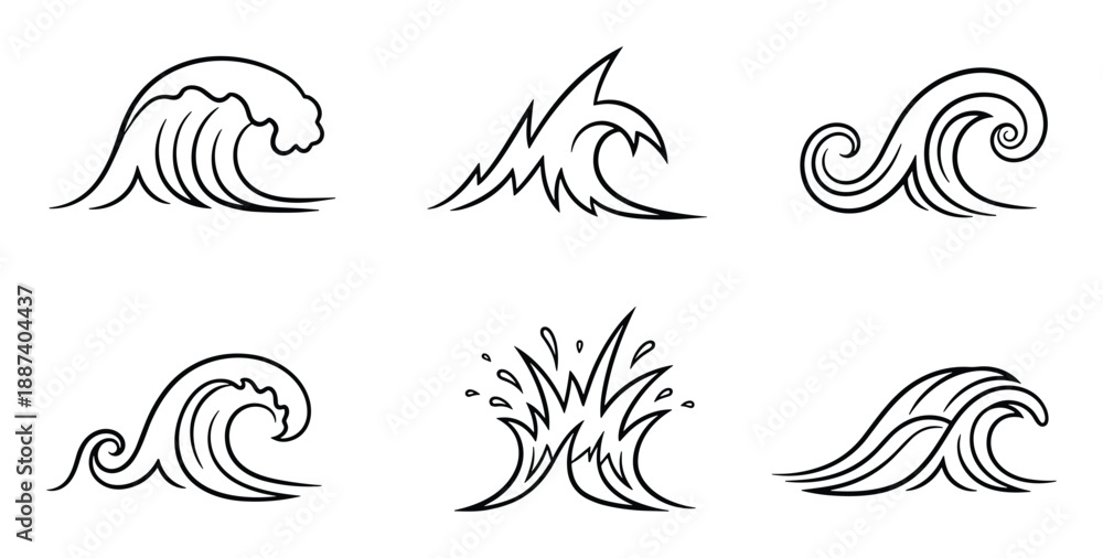 Fototapeta premium Set of six ocean waves illustrations in black outline. Simple line art drawings of water and crests. Nautical designs.