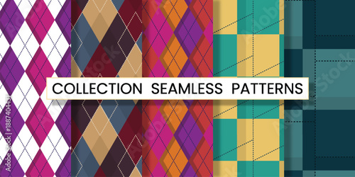Collection seamless patterns argyle vector design with thin slim dotted line vivid geometric background for fabric, textile, clothing, wrapping paper, wallpaper, illustration, 