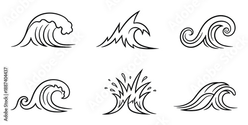 Set of six ocean waves illustrations in black outline. Simple line art drawings of water and crests. Nautical designs.