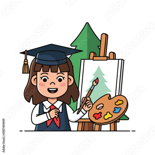 A cartoon girl in a graduation cap painting a tree