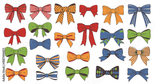 A vibrant collection of colorful hand-drawn bow illustrations in various patterns and sizes for decoration and crafting