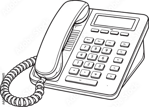 Desk Telephone Black and White Line Art Illustration