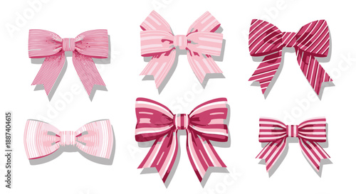 Collection of six colorful decorative bows and ribbons in various pink shades for gifts and crafts