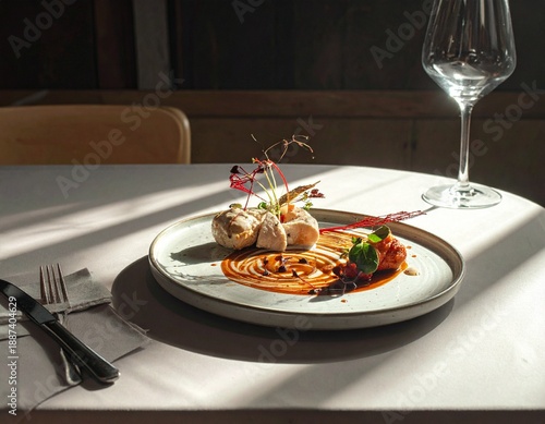 A plate of fine dining food with pasta and garnish sits on a table set with a glass of wine and silverware in a dimly lit restaurant with warm tones.