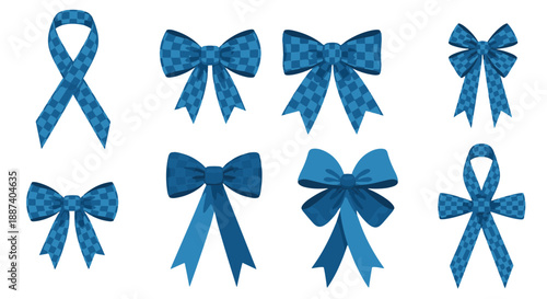 Collection of various blue checkered bows and ribbons, perfect for gift wrapping and decorations