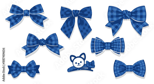 Collection of Blue Plaid Bows and a Cute Cat Bow with a Bow Tie Design