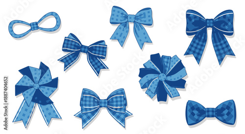 Collection of blue decorative bows, ribbon bows, and bow tie designs in various patterns and styles for crafting