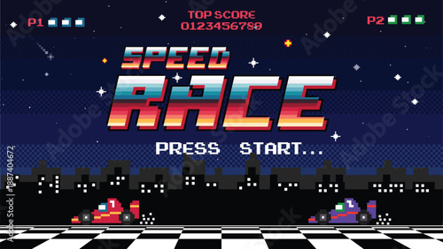  Speed race game pixel art .press start. Retro game interface.	