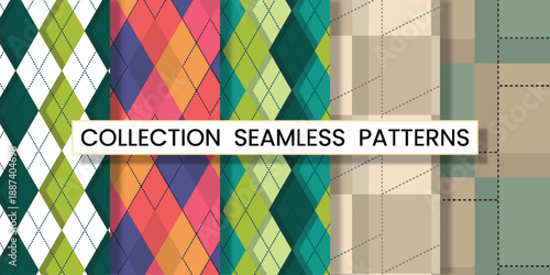 Collection seamless patterns argyle vector design with thin slim dotted line vivid geometric background for fabric, textile, clothing, wrapping paper, wallpaper, illustration, 