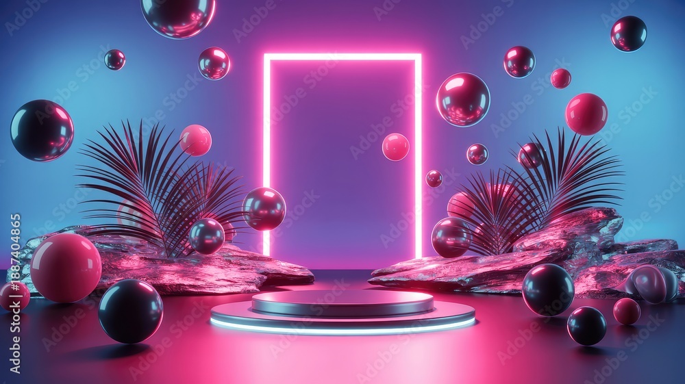 Fototapeta premium Vibrant neon scene with pink portal and floating spheres