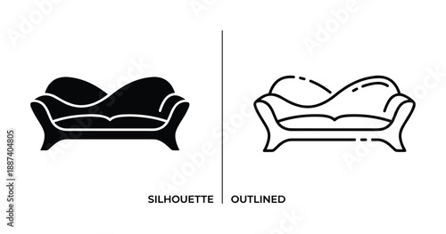 Silhouette and outlined couch illustration, elegant seating with curved back and armrests, living room furniture drawing