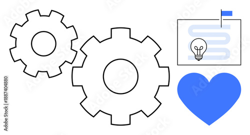 Process management. Abstract ion of process management with gear symbols, roadmap element, and heart icon. Process management for optimization, planning, teamwork, innovation, workflow