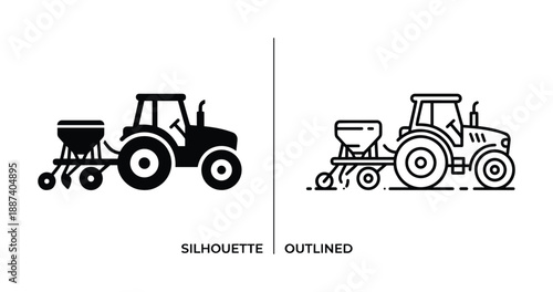 Silhouette and outlined tractor icon with seeder, agricultural machinery, farming equipment and rural transportation vehicle
