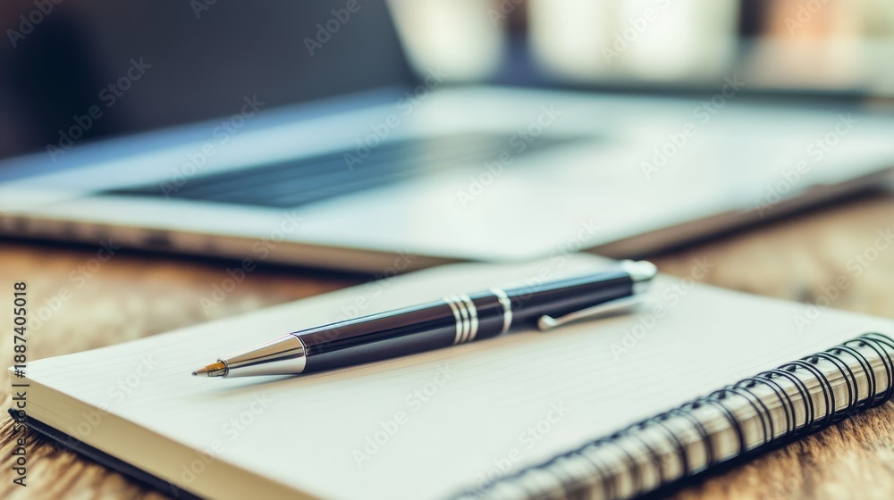 Fototapeta premium Notebook and pen resting on rustic wooden table surface capturing serene still life moment with stationery essentials for writing and study.