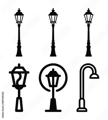 Six different streetlight silhouette designs, including antique style and modern curved pole street lamps.
