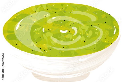 Realistic Green Herb or Pesto Dipping Sauce in a White Ceramic Bowl