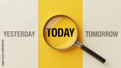 Magnifying glass focusing on today between yesterday and tomorrow