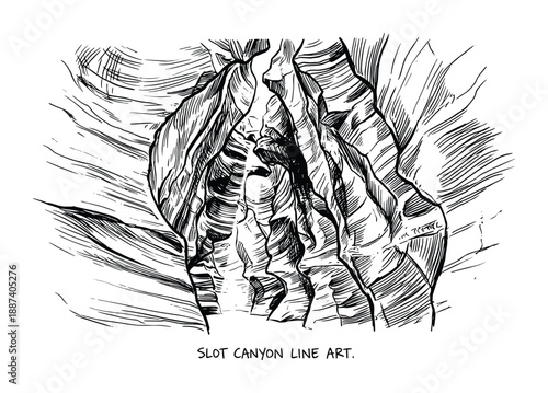 Slot canyon line art illustration, narrow passage, sandstone formations, deep gorge, nature drawing, desert landscape art