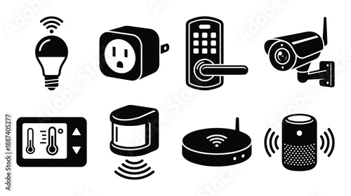 Smart Home Automation Devices Black Icon Set, Smart Security Technology, IoT Controls, Sensors, Smart Gadgets