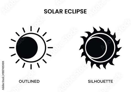 Solar eclipse outlined and silhouette vector design. Moon blocking sunlight visual representation, astronomical phenomenon.