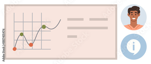 Data visualization, user interface, education, team collaboration, business analysis, statistics learning. Line graph with nodes, user profile icon info bubble. Data visualization and user interface