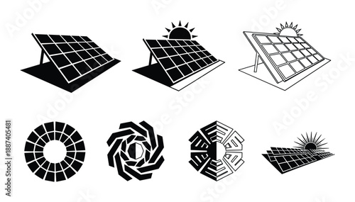 Solar panel designs vector set. Renewable energy panels collection illustrations