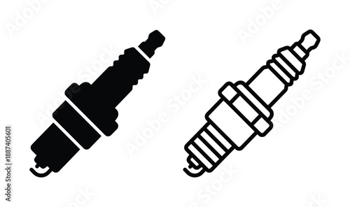 Spark plug black silhouette and outline vector illustration on white background. Engine auto part, vehicle spare part icon.