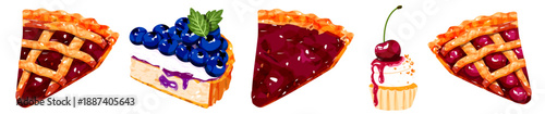Watercolor Fruit Pie and Tart Slices Set with Blueberry Cherry and Cream Fillings