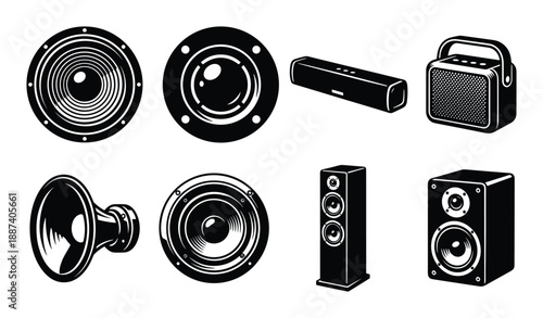 Speaker set vector illustration. Audio equipment collection with loudspeaker icons