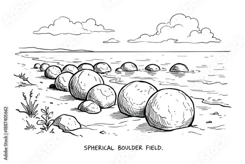 Spherical boulder field illustration with clouds in the sky line art style