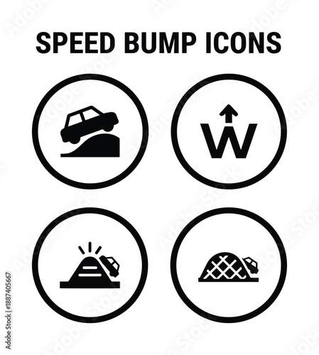 Speed bump icons vector set featuring car over bumps and wavy road signs. Bumps vector icons for road safety and traffic control.
