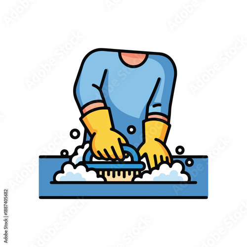 A cartoon person washing dishes