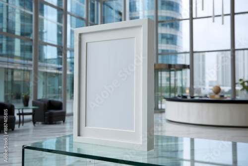 Modern Blank Sign Frame on Glass Table in Contemporary Office Lobby