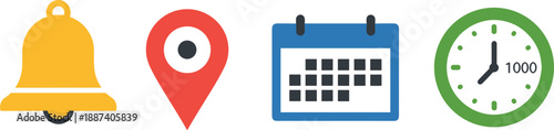 Flat vector icon set of a yellow notification bell red location pin blue calendar and green clock for business appointment and mobile application design