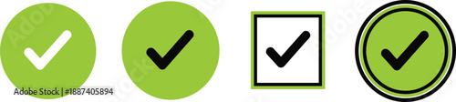 Green check mark icon set with circle and square border designs for web interface success validation symbols isolated on a clean white background
