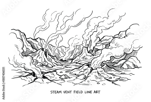 Steam Vent Field Line Art Landscape Illustration with Volcanic Mountains and Geothermal Activity