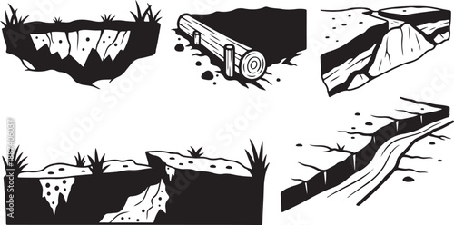 Black and white cliff edge landscape illustrations set