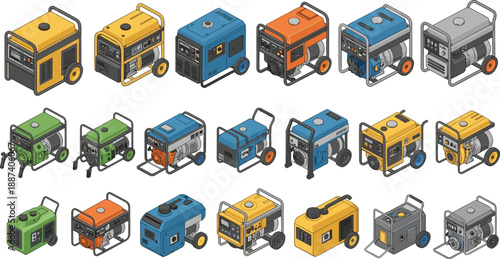Isometric vector illustration set of various portable electric power generators in different colors including yellow blue orange and green for industrial and home backup