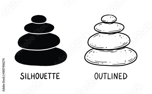 Stone balancing silhouette and outlined design, stones stacked art
