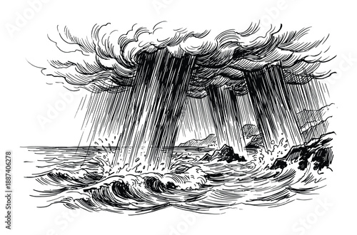 Stormy sea landscape illustration with rain, waves, and rocky coast