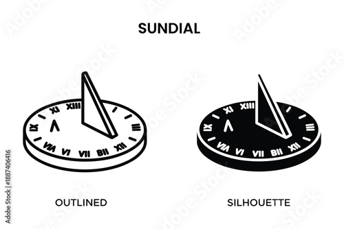 Sundial outlined and silhouette illustration, antique timekeeping device icon, black and white drawing, roman numerals clock.