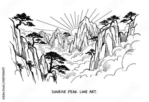 Sunrise peak landscape line art drawing, mountains and clouds with rising sun in detailed vector illustration