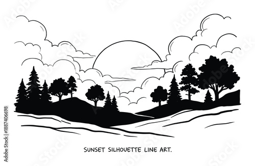 Sunset silhouette line art landscape with trees, clouds and sun. Mountain scenery drawing background illustration