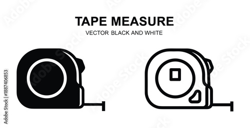 Tape measure vector black and white illustration, construction measuring tool outline drawing