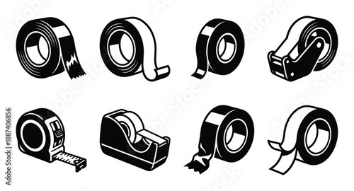 Tape rolls and dispensers vector illustrations, adhesive tape collection, measurement tool and black and white outline